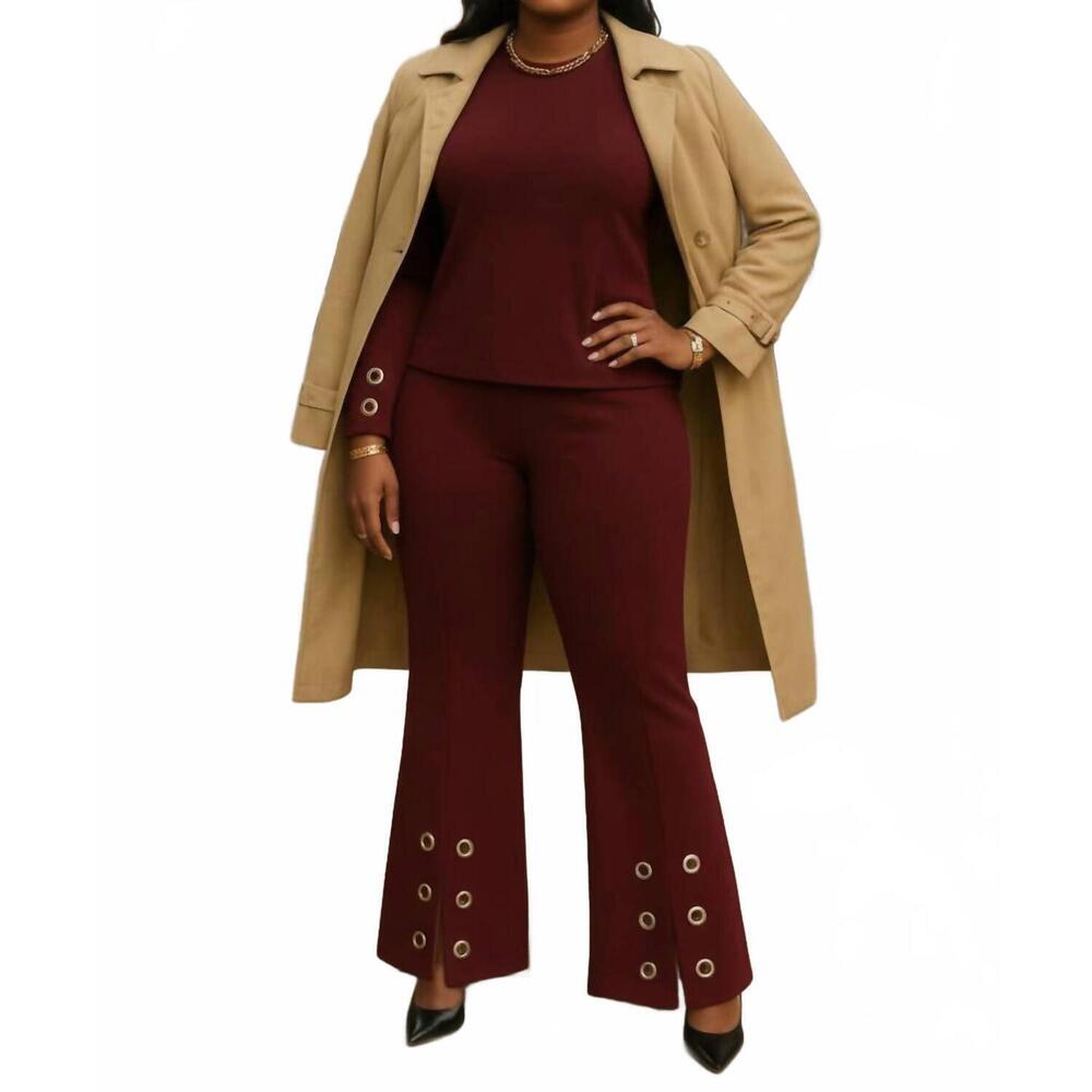 NEW INSIGHT bordeaux scuba flare pant in burgundy